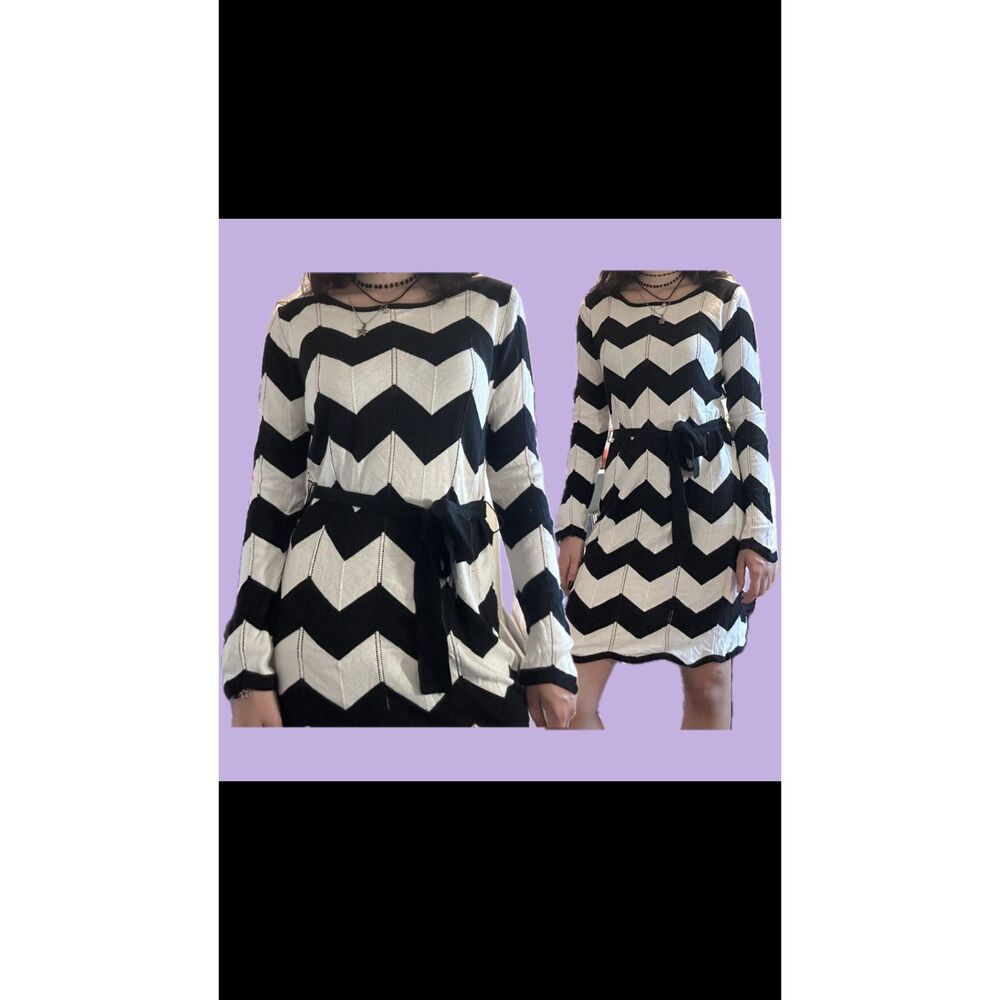 Black & White Chevron Knit Belted Sweater Dress